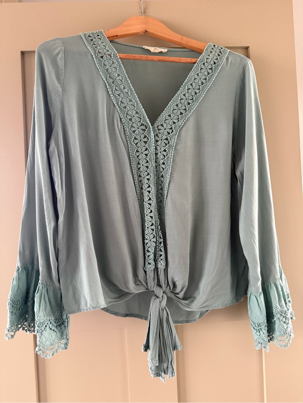 entro Sage Green Crochet-Trim Tie-Front Blouse